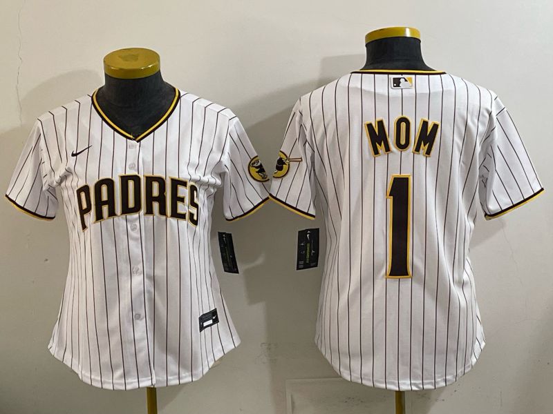 Women 2026 Nike San Diego Padres #1 Mom White stripe Game MLB Jersey 01